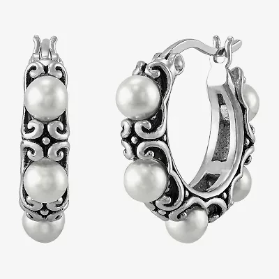 Limited Quantities! Womens White Cultured Freshwater Pearl Sterling Silver 19.2mm Hoop Earrings