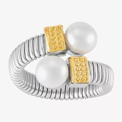 Limited Quantities! Womens 7.5-8MM White Cultured Freshwater Pearl 14K Gold Sterling Silver Bypass  Cocktail Ring