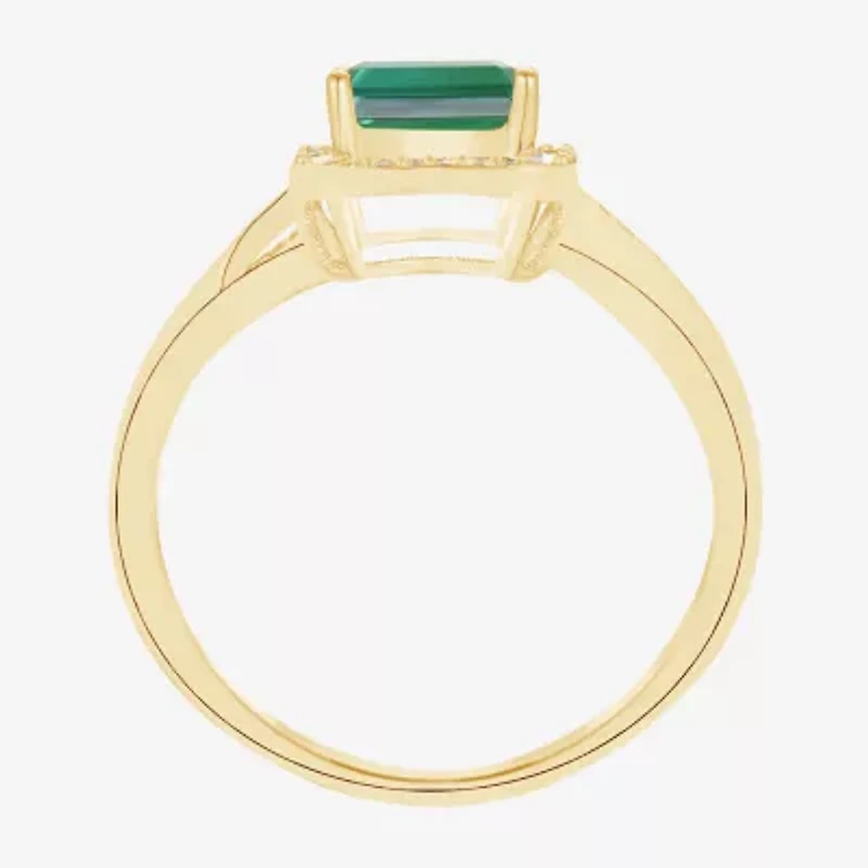 Yes Please! Womens Lab Created Green Emerald 14K Gold Over Silver Halo Side Stone Cocktail Ring