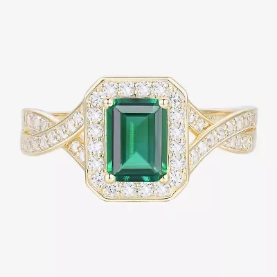 Yes Please! Womens Lab Created Green Emerald 14K Gold Over Silver Halo Side Stone Cocktail Ring