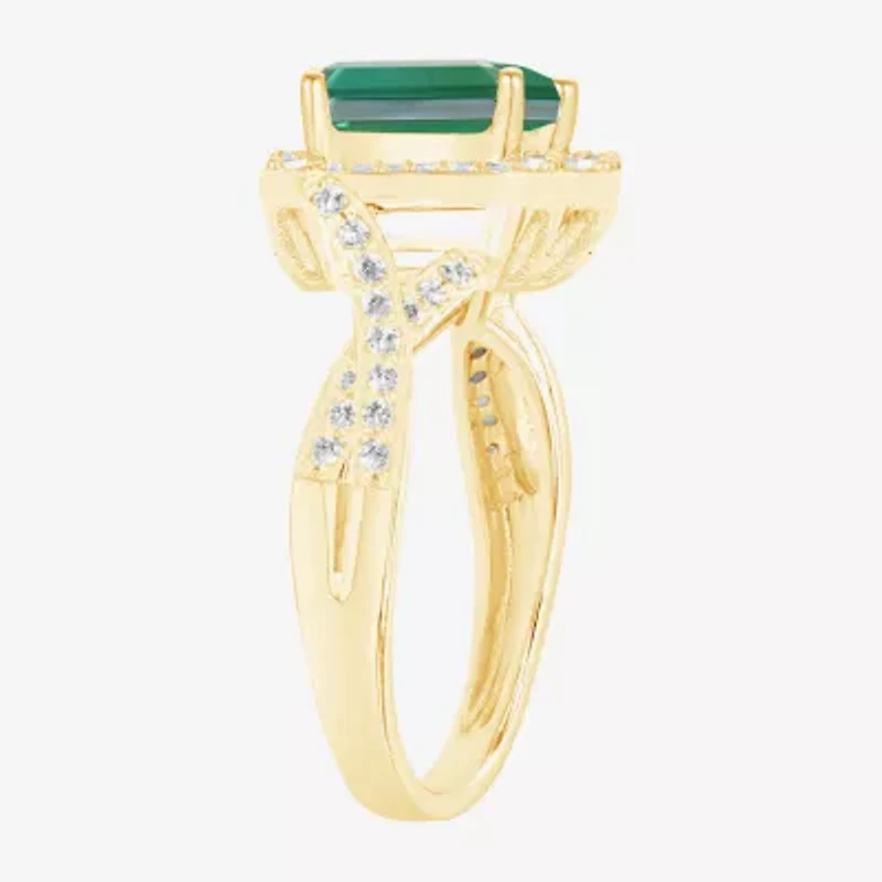 Yes Please! Womens Lab Created Green Emerald 14K Gold Over Silver Halo Side Stone Cocktail Ring