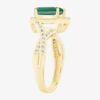 Yes Please! Womens Lab Created Green Emerald 14K Gold Over Silver Halo Side Stone Cocktail Ring