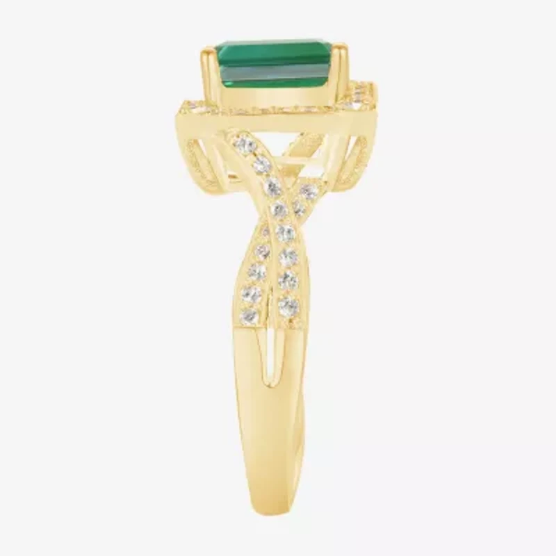 Yes Please! Womens Lab Created Green Emerald 14K Gold Over Silver Halo Side Stone Cocktail Ring