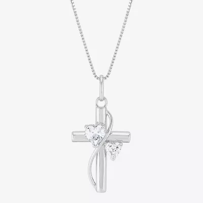 Womens White Cubic Zirconia Sterling Silver Cross Heart 18 Inch Pendant Necklace