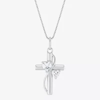 Womens White Cubic Zirconia Sterling Silver Cross Heart 18 Inch Pendant Necklace