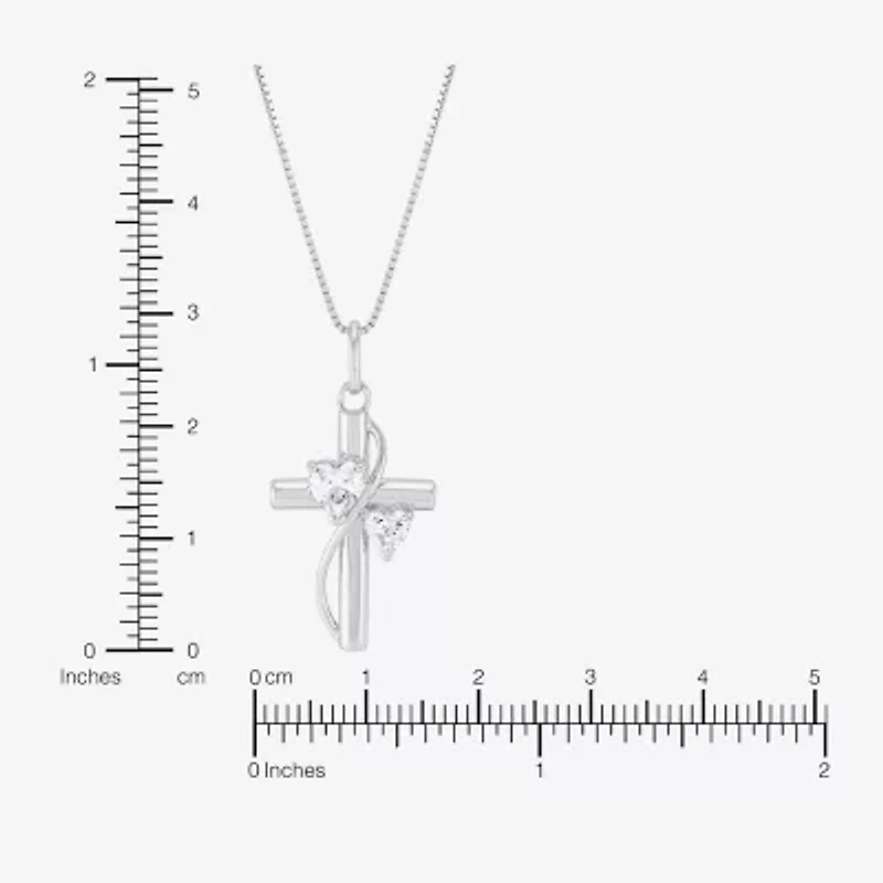 Womens White Cubic Zirconia Sterling Silver Cross Heart 18 Inch Pendant Necklace