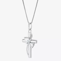 Womens White Cubic Zirconia Sterling Silver Cross Heart 18 Inch Pendant Necklace