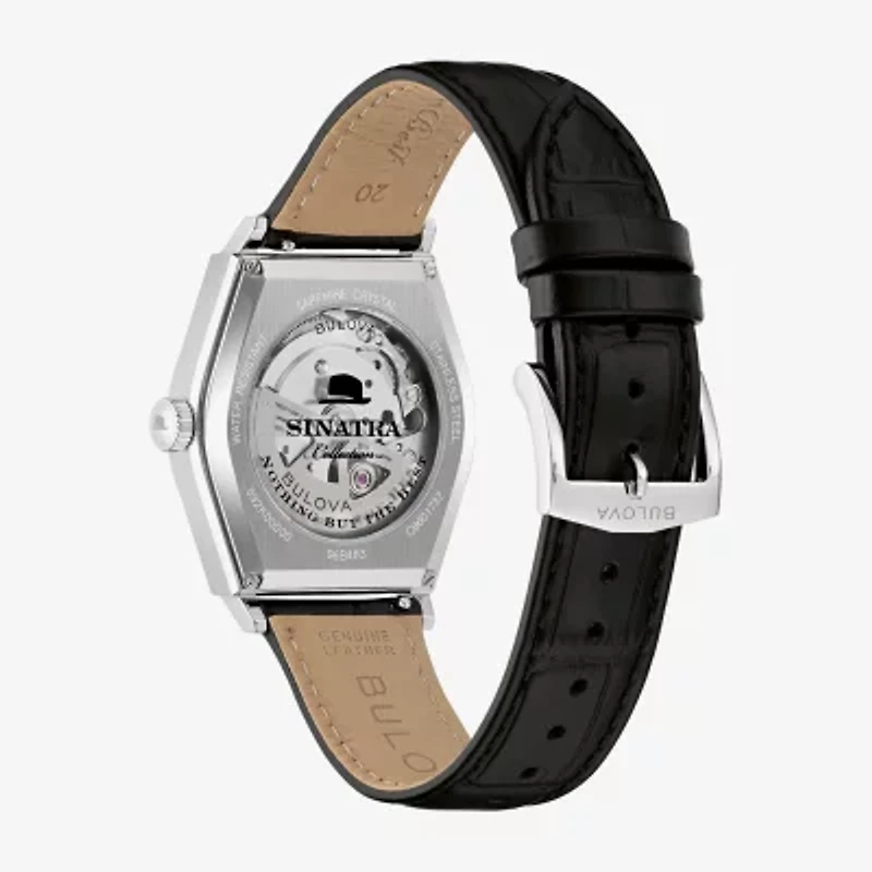 Bulova Mens Automatic Black Leather Strap Watch 96b483