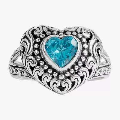 Womens Blue Cubic Zirconia Sterling Silver Heart Cocktail Ring
