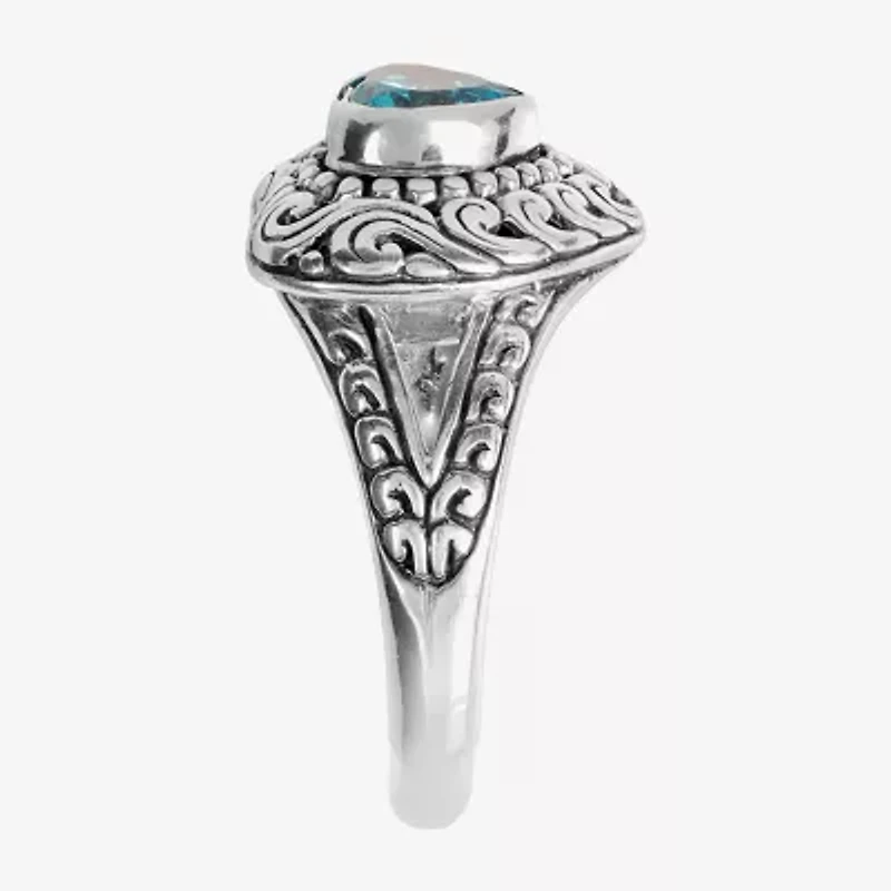 Womens Blue Cubic Zirconia Sterling Silver Heart Cocktail Ring