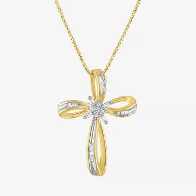 1/10 CT.T.W. Natural Diamond Sterling SIlver Ribbon-Style Cross Pendant Necklace