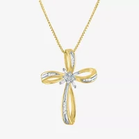1/10 CT.T.W. Natural Diamond Sterling SIlver Ribbon-Style Cross Pendant Necklace