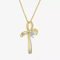 1/10 CT.T.W. Natural Diamond Sterling SIlver Ribbon-Style Cross Pendant Necklace