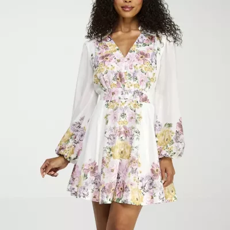 Premier Amour Womens Long Sleeve Floral Fit + Flare Dress