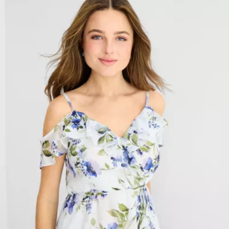 by&by Womens Juniors Floral High-Low Fit + Flare Dress