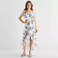 by&by Womens Juniors Floral High-Low Fit + Flare Dress