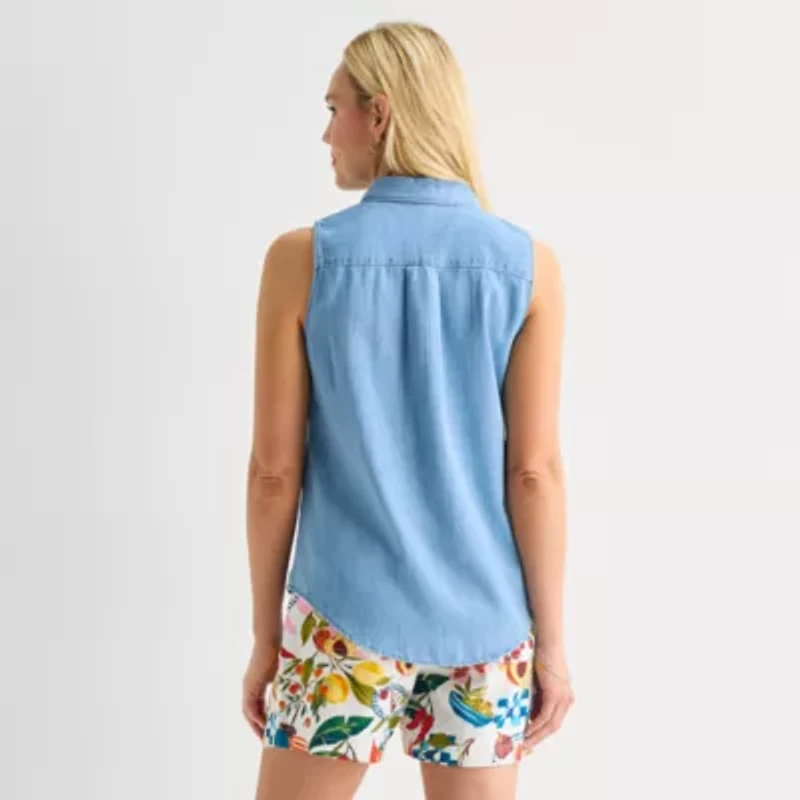 St. John's Bay Womens Tall Sleeveless Regular Fit Button-Down Shirt