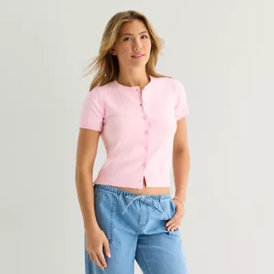 Forever 21 Womens Juniors Crew Neck Short Sleeve Button Cardigan