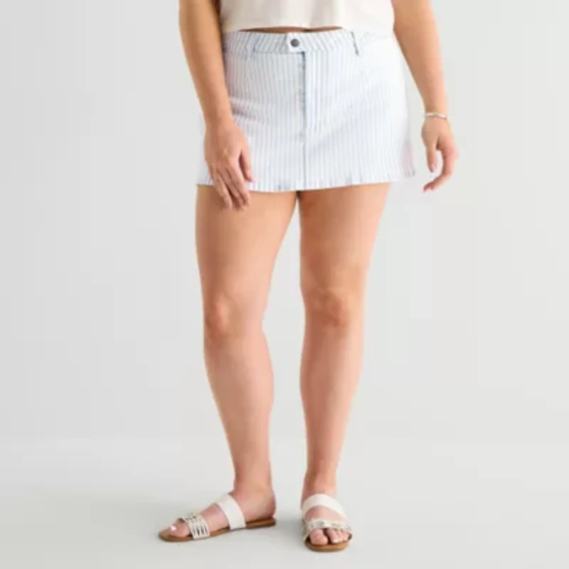 Arizona Striped Womens Juniors Plus Low Rise Stretch Fabric Denim Skirt