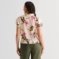 Liz Claiborne Womens Split Crew Neck Short Sleeve Blouse