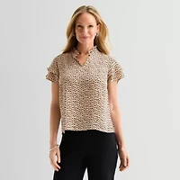 Liz Claiborne Womens Split Crew Neck Short Sleeve Blouse