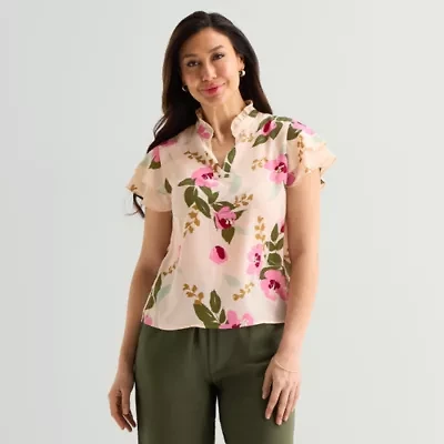 Liz Claiborne Womens Split Crew Neck Short Sleeve Blouse