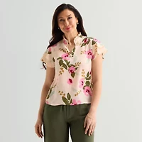 Liz Claiborne Womens Split Crew Neck Short Sleeve Blouse