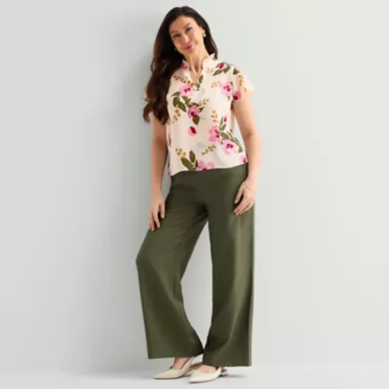 Liz Claiborne Womens Split Crew Neck Short Sleeve Blouse