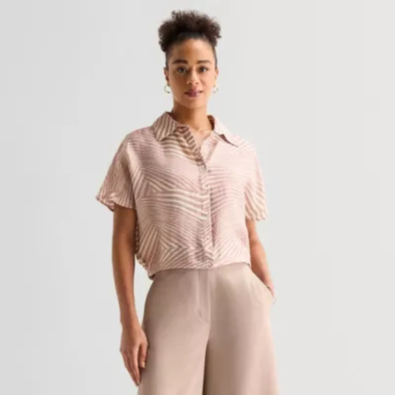 Worthington Womens Dolman Short Sleeve Regular Fit Button-Down Shirt