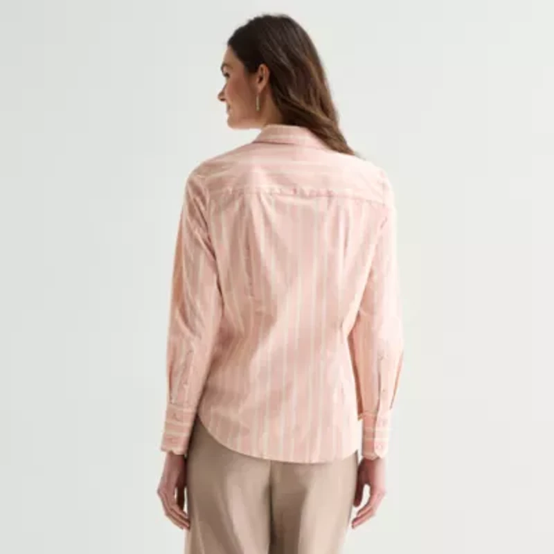 Worthington Womens Cuffed Long Sleeve Regular Fit Poplin Button-Down Shirt