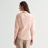 Worthington Womens Cuffed Long Sleeve Regular Fit Poplin Button-Down Shirt