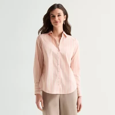 Worthington Womens Cuffed Long Sleeve Regular Fit Poplin Button-Down Shirt