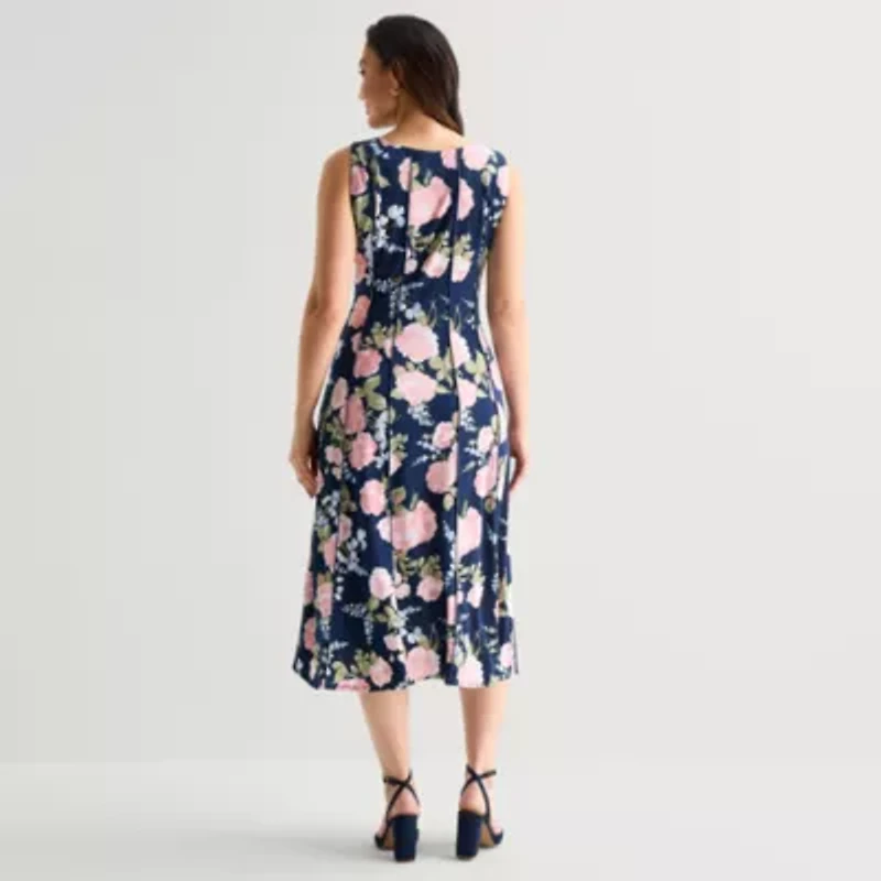 Perceptions Womens Sleeveless Floral Midi Fit + Flare Dress