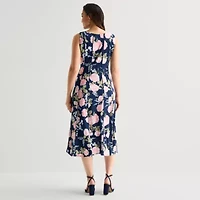 Perceptions Womens Sleeveless Floral Midi Fit + Flare Dress