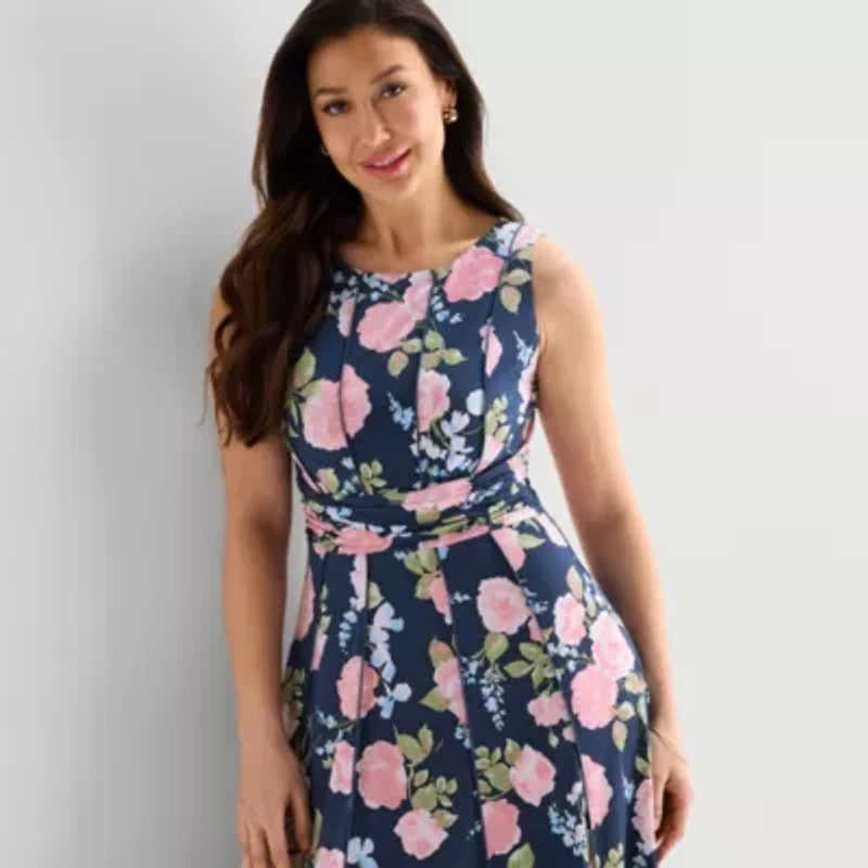 Perceptions Womens Sleeveless Floral Midi Fit + Flare Dress