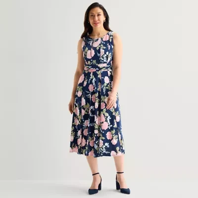 Perceptions Womens Sleeveless Floral Midi Fit + Flare Dress