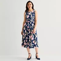Perceptions Womens Sleeveless Floral Midi Fit + Flare Dress