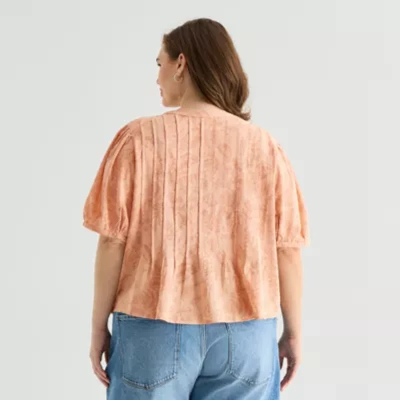 a.n.a Womens Plus Split Tie Neck Short Sleeve Blouse