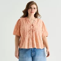 a.n.a Womens Plus Split Tie Neck Short Sleeve Blouse