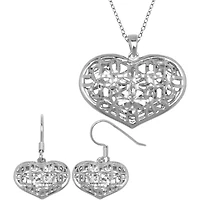 Heart Pendant Necklace & Earring Set Rhodium Over Sterling