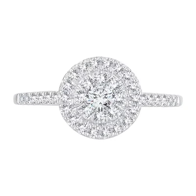 Womens 1/2 CT. T.W. Natural White Diamond 14K Gold Round Side Stone Halo Engagement Ring