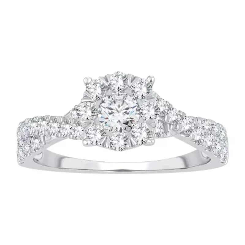 Womens 1 CT. T.W. Natural White Diamond 14K Gold Round Side Stone Halo Engagement Ring