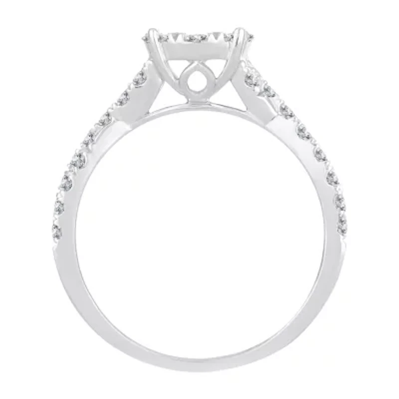Womens 1 CT. T.W. Natural White Diamond 14K Gold Round Side Stone Halo Engagement Ring