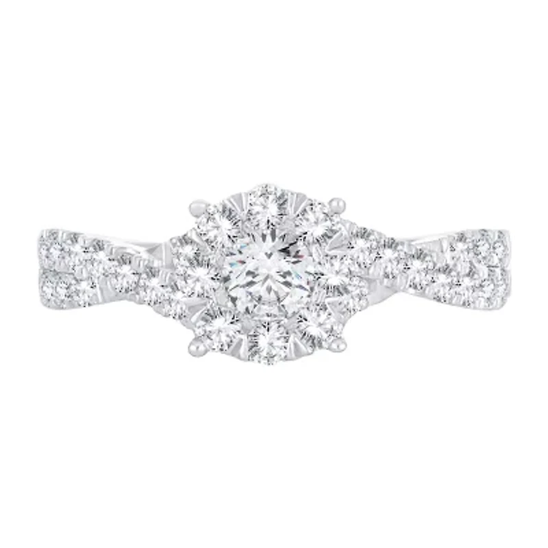 Womens 1 CT. T.W. Natural White Diamond 14K Gold Round Side Stone Halo Engagement Ring