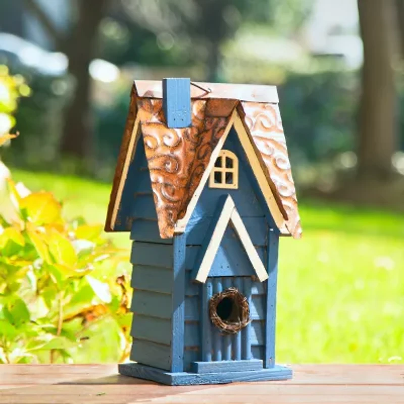 Glitzhome 12"H Retro Blue Distressed Solid Wood Bird House