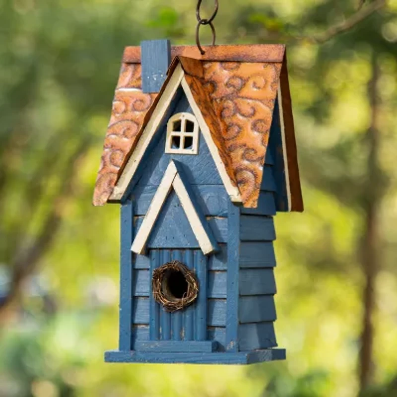 Glitzhome 12"H Retro Blue Distressed Solid Wood Bird House