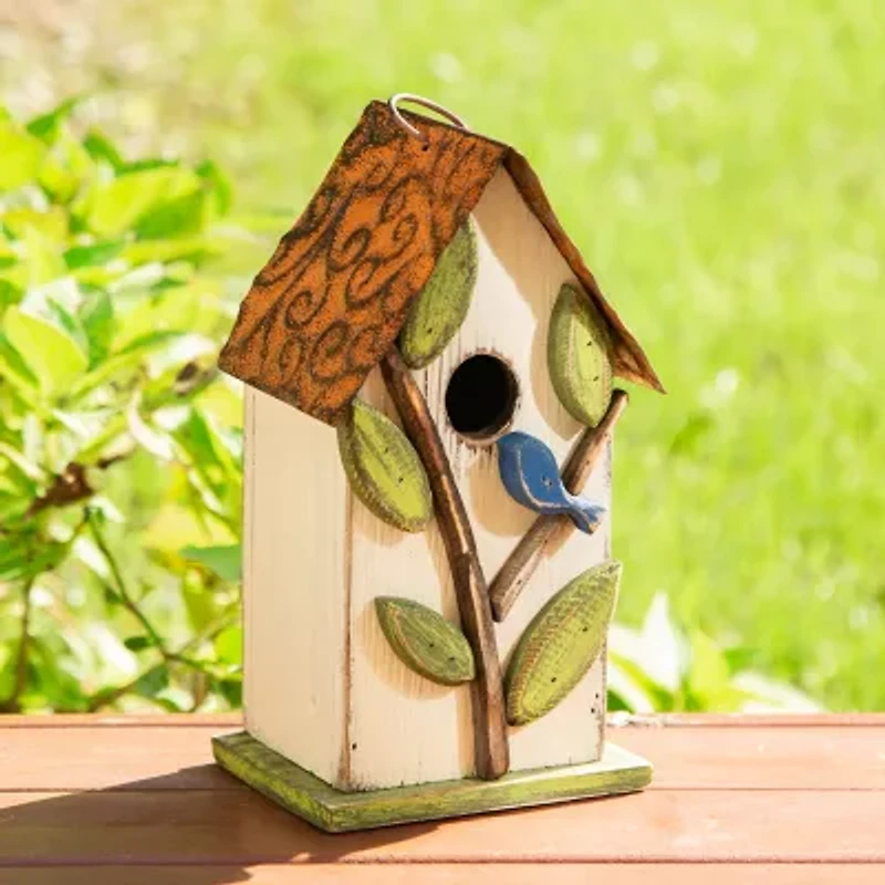 Glitzhome 9.75in Distressed Solid Wood Bird House