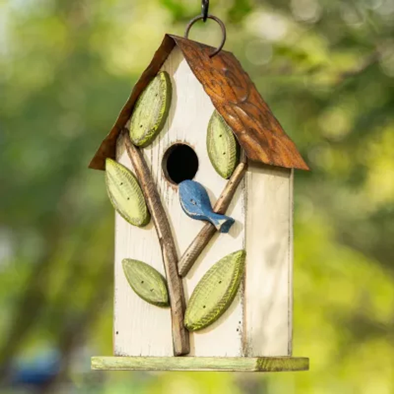 Glitzhome 9.75in Distressed Solid Wood Bird House