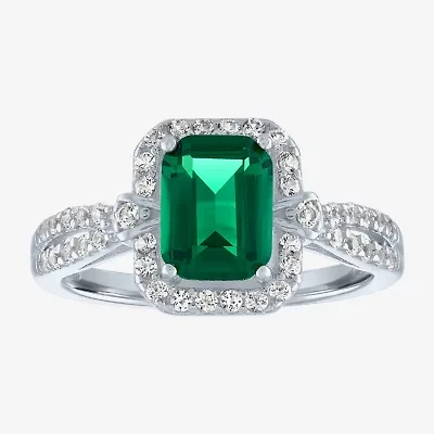 Womens Lab Created Green Emerald Sterling Silver Cocktail Ring