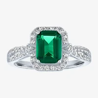 Womens Lab Created Green Emerald Sterling Silver Cocktail Ring